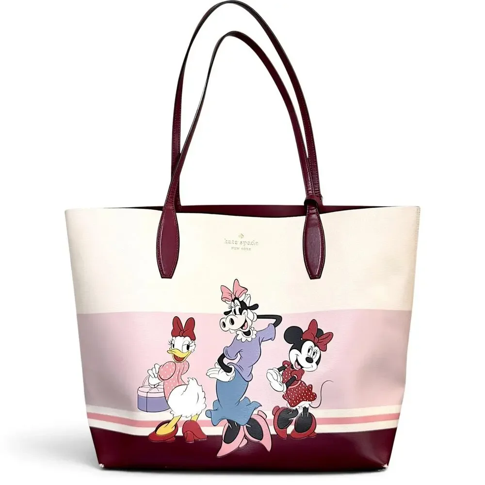 Disney X Kate Spade Large Leather Tote Bag Daisy Minnie Clarabelle Pink Burgundy